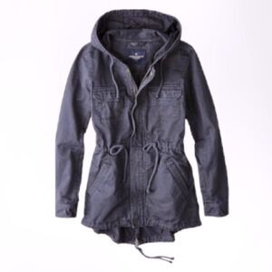 AMERICAN EAGLE DISTRESSED CANVAS UTILITY JACKET HOODED PARKA COAT FADED GRAY S